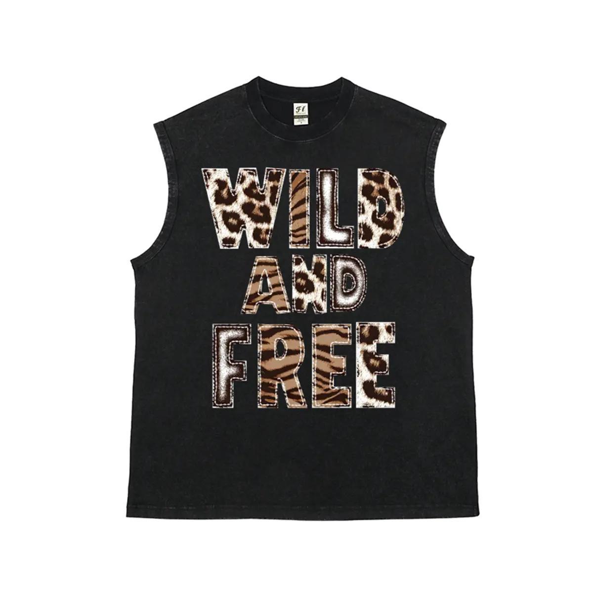 Unisex WILD AND FREE Cloth Spliced with Leopard and Tiger Prints Vintage Denim Graphic Washed Vest Personalized Pattern Y2k Clothing Round Neck Washed Vest,Women's Clothing 100% Cotton, Menswear, Top, Vintage Style,Summer Casual Oversized