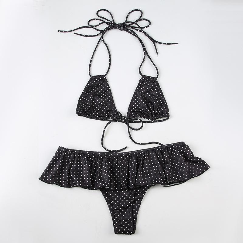 Black White Polka Dot Halter thong Bikini Set | Ruffle Skirted Bottom | Tie Front Swimsuit