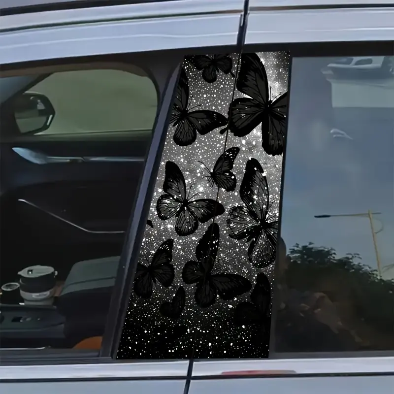2pcs B Pillar Automotive Decals Black Glitter Butterfly Pattern Car B Pillar Decoration Sticker, Car Decorative Sticker, Waterproof Exterior Car Accessory for Vehicle Decor