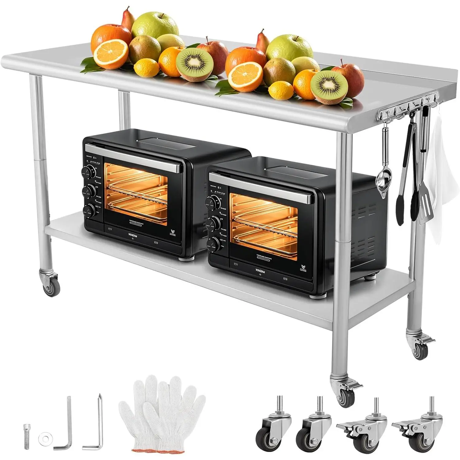 Garvee Heavy Duty Stainless Steel Commercial Work Table – NSF Certified, 2-Tier with Adjustable Undershelf, Backsplash, Caster Wheels, Removable Trash Rack, 5 Hooks – Ideal Prep Table for Kitchen, Restaurant, Garage, Workshop, Outdoor Use