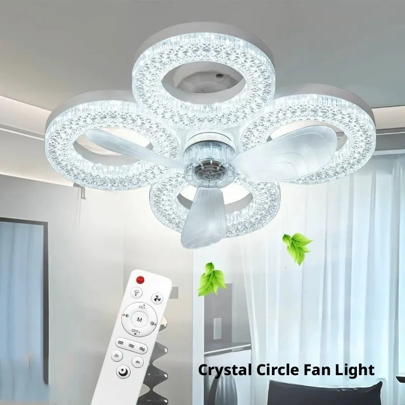 New Crystal Design Large Wind Force Screw Base Cooling Fan Light 2-In-1, Quiet Bedroom Living Room Kitchen Student Dorm Rental Shop Table Fan Lamp