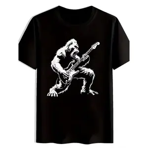 Men's Music Gorilla Playing Electric Guitar T-Shirt - Casual Short Sleeve Round Neck Tee with Digital Print, Loose Fit for all-Season, Casual Attire & Music Lovers (Black)