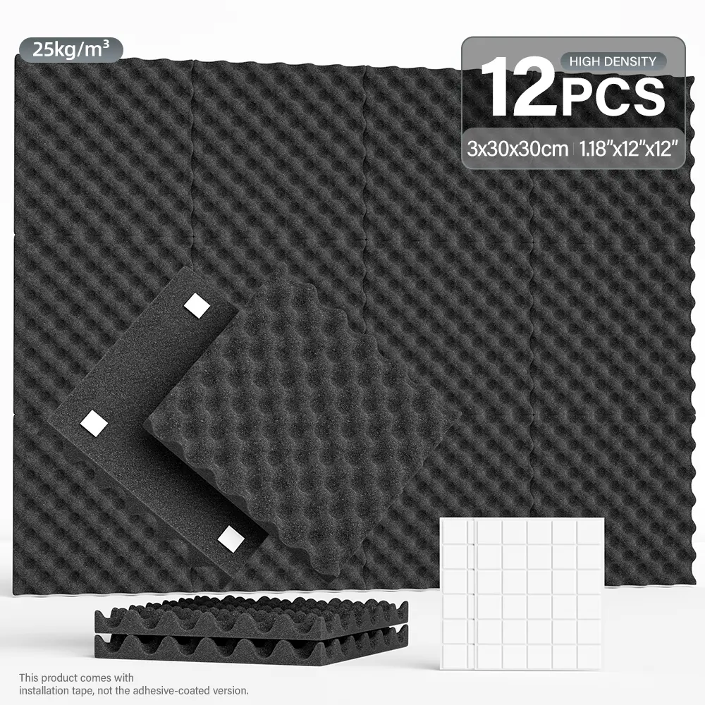 12‑Pack Focusound Black Egg Crate Acoustic Foam Panels, 12"×12"×1.18" High‑Density Fire‑Resistant Sound Absorbing Foam for Recording Studio Noise Control