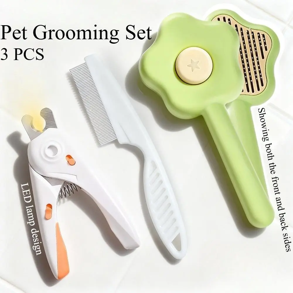 3‑Piece Pet Grooming Accessory Set Pet Self‑Cleaning Hair Brush Nail Trimmer & Fine‑Tooth Comb Cat Dog Shedding Floating Hair Remover Kit for Daily Pet Grooming