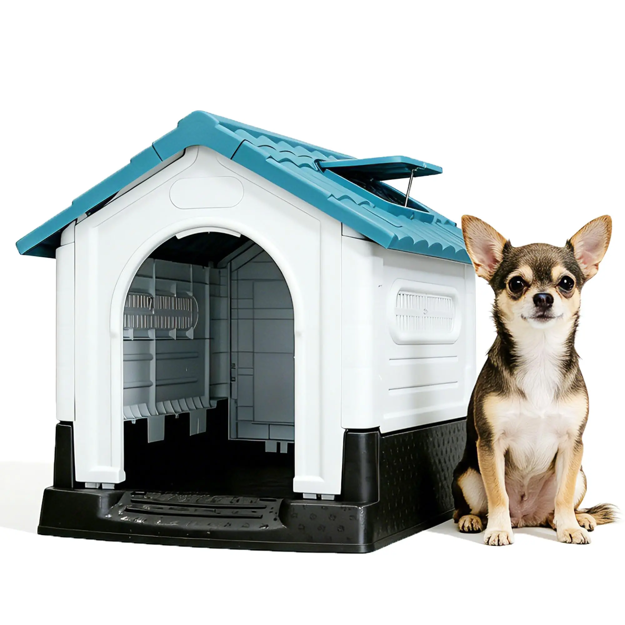 Plastic Dog House Outdoor – Pet House with Adjustable Skylight & Elevated Base – Foldable Waterproof Doghouse for Yard, Patio, Indoor – Easy Assemble