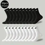 Male Plain Athletic Sports Socks Pack - 10 Pairs/20 Pcs Solid-Color Cotton Knit, Breathable, Comfortable, Cold Wash & Machine Washable, All Seasons for Fitness, Outdoor Hiking, Adults' Daily Casual Wear