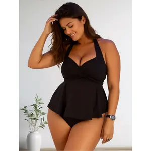 Women's New Retro Pure Black Plus-Size Push-Up Mesh Top Bikini Set - Plus Size Fashion, Large Bust-Flattering Design, Ideal for Hot Springs & Swimming, Chic Sport Bra Style Swimwear