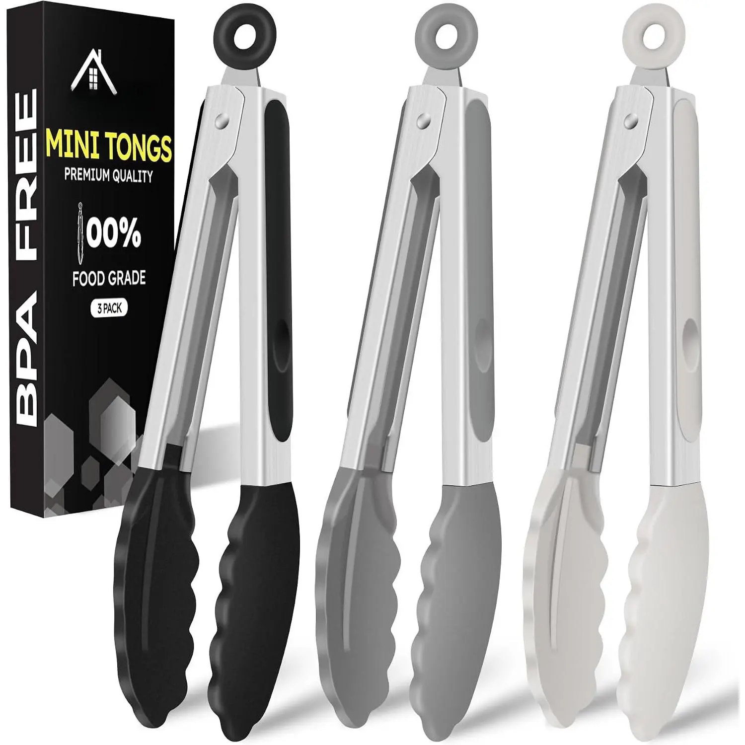 7-Inch Mini  Kitchen Tongs, Heat Resistant Non-Stick Small Serving Tongs with  Tips,  Safe Cooking Tongs Set of 3 (Black, Grey, White)