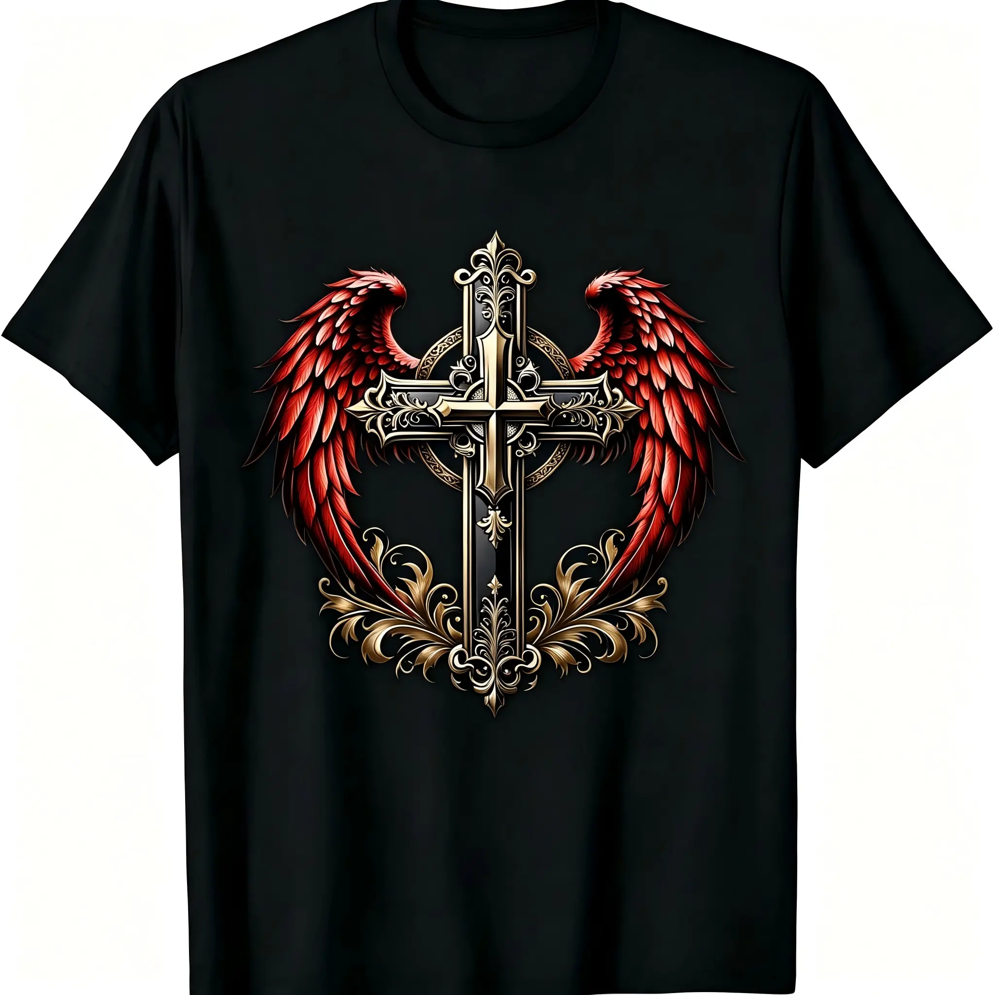 Intricate Engraved Gothic Cross Graphic T-Shirt for Men Women – Stretch Cotton Crew Neck Short Sleeve, Symmetric Angel Wings Golden Scroll Floral Tee, Regular Fit Gothic Streetwear, All Season Wear, Religious Protection Gift, Machine Washable