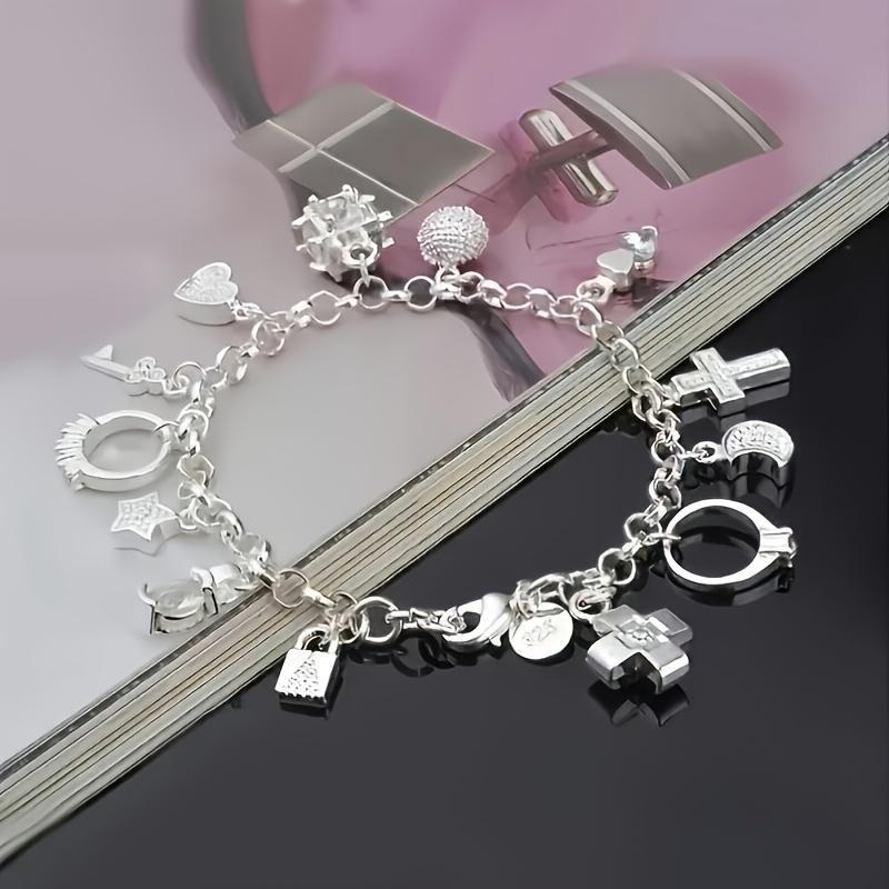 2026 New Release 935 Sterling Silver Heart Bracelet – 13 Pendants Bohemian Shiny Jewelry Gift for Her, TikTok Shop Christmas