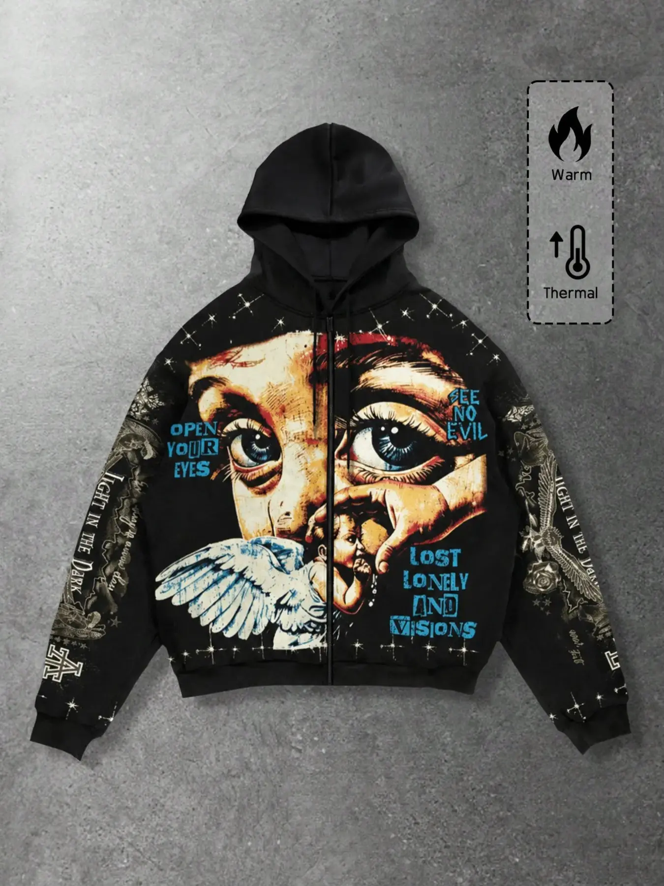 Y2K Gothic Style Oversized Hooded Sweatshirt, Angel Eye Print Zipper Outerwear, Fall Winter Street Fashion, Men's Warm Jacket