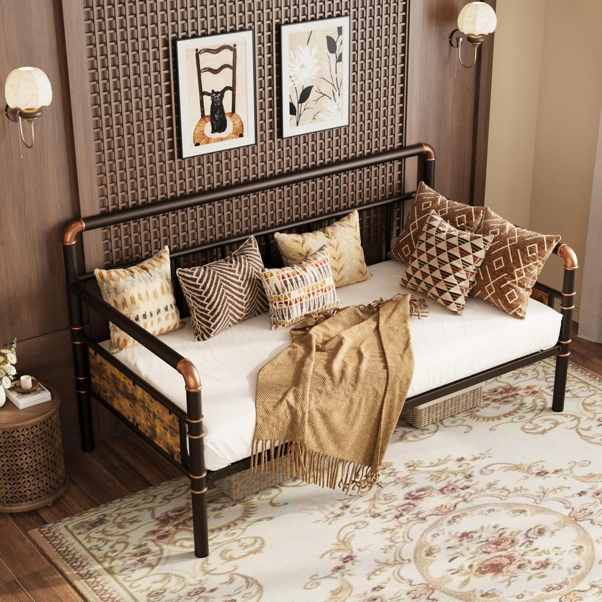 Heavy Duty Metal Daybed – Classic Headboard – Steel Slat Support – Noise-Free, No Box Spring – Brown or Black – Perfect for Living Room Sofa Bed, Guest Room Sleeping, or Bedroom Daybed