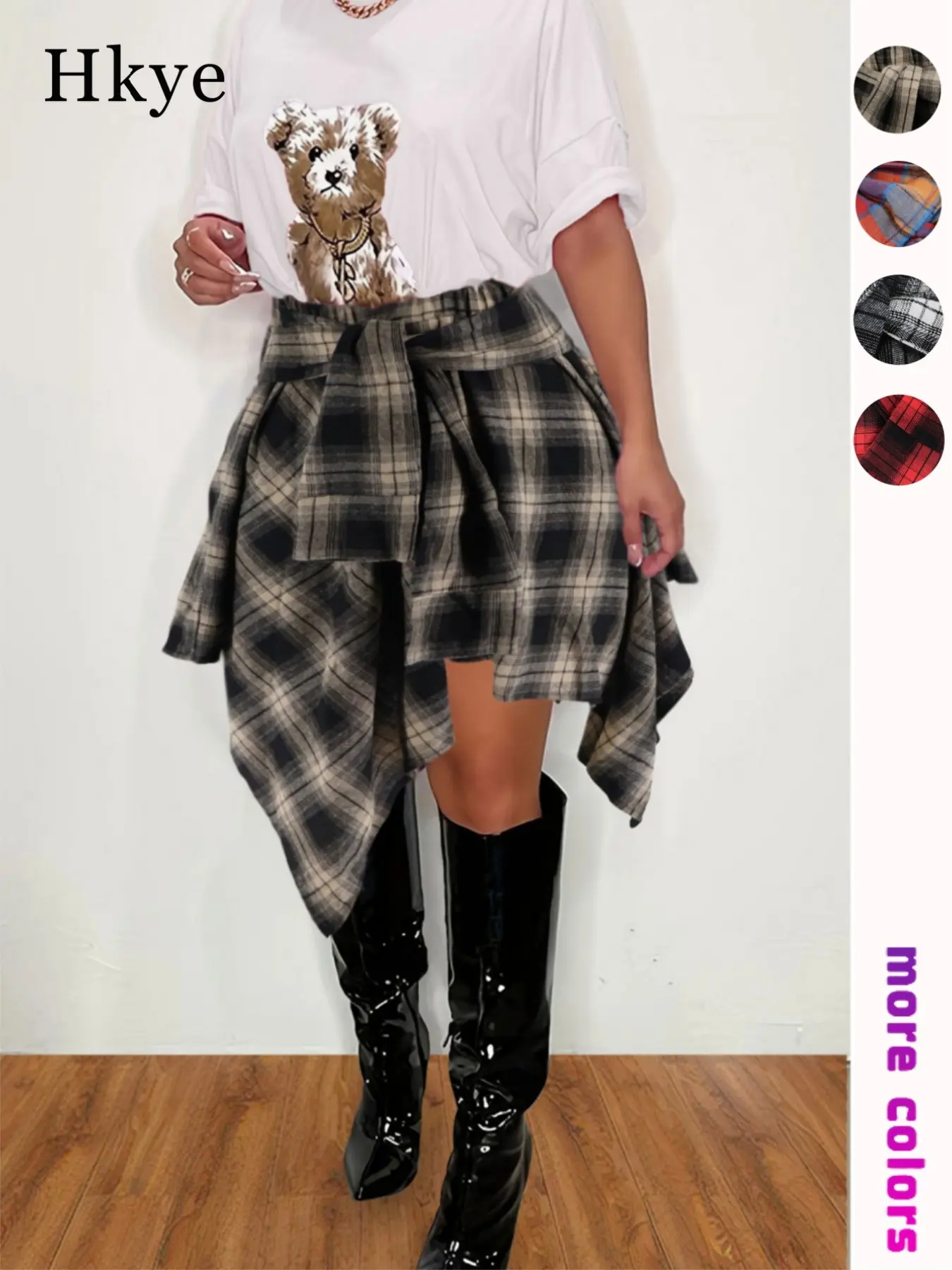 Women's Street Style Fashion Irregular Plaid Binding Sleeve Fake Shirt Skirt, Trendy Half Skirt with Patterned Design, Perfect for Casual Wear