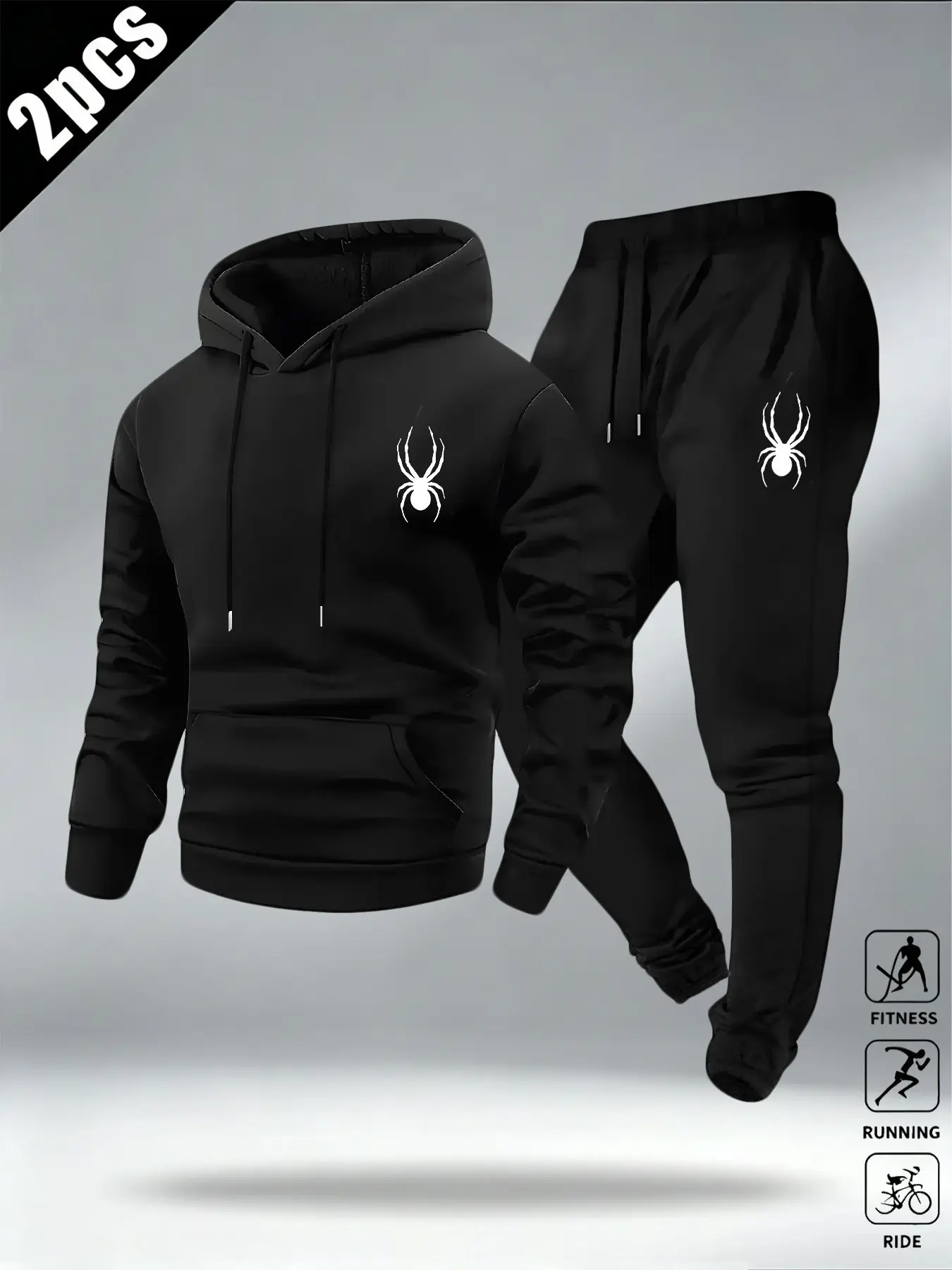 Men's Spider Print Two-Piece Sports Set, Hooded Sweatshirt + Jogger Pants, Loose Casual Street Style, Fall & Winter Workout