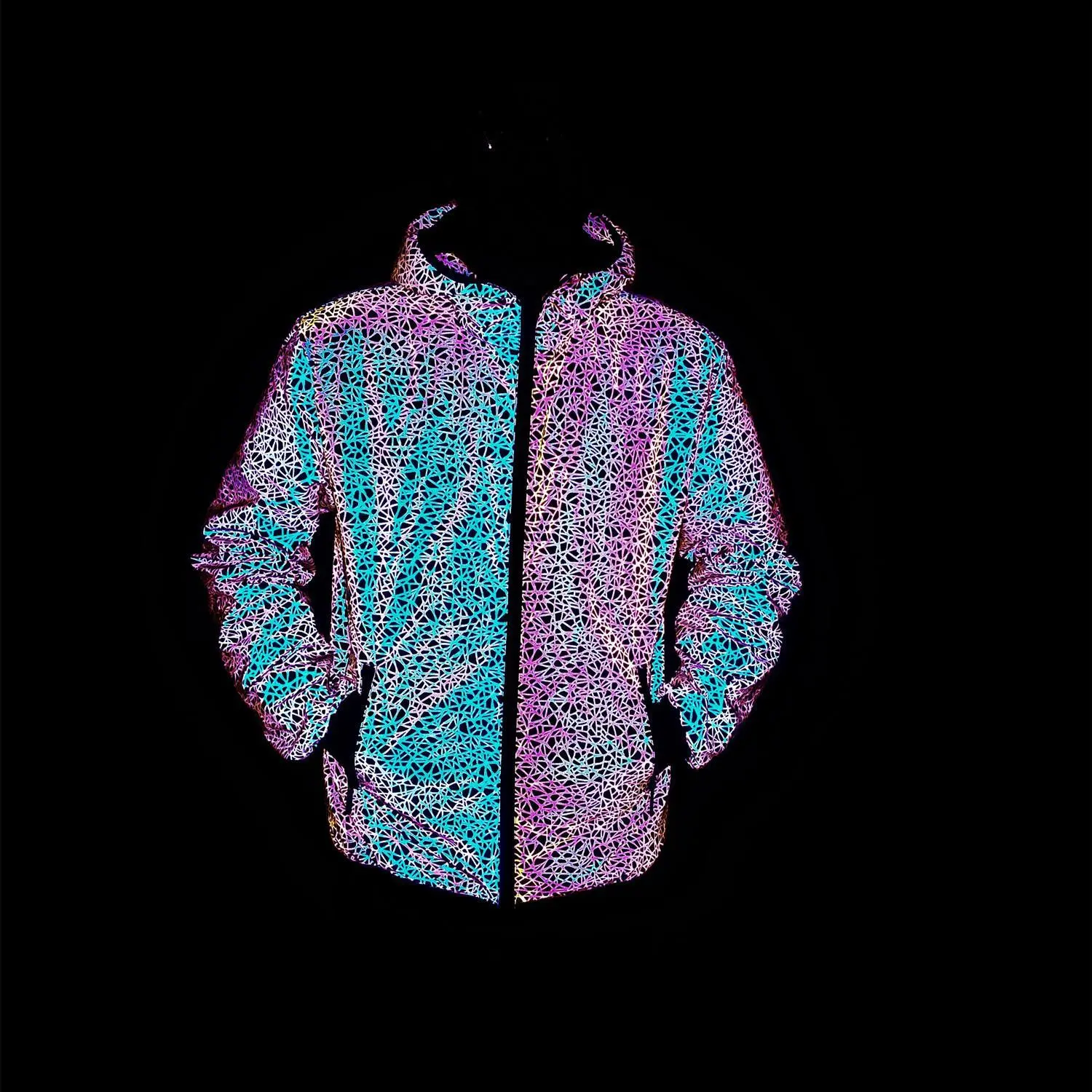 Mens 2022 Autumn-Winter Colorful Reflective Hooded Polyester Windbreaker, Menswear for Harajuku Hip-Hop Night Club Use, Shiny Coat