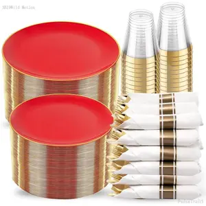 350PCS Red Plastic Plates - Heavy Duty Red Plates Disposable - 50Guest Christmas Dinnerware Include 50Dinner Plate,50Dessert Plate,50Pre Rolled Napkins with Silverware for Christmas&PartyPulseTrail5AB19Wild Motion