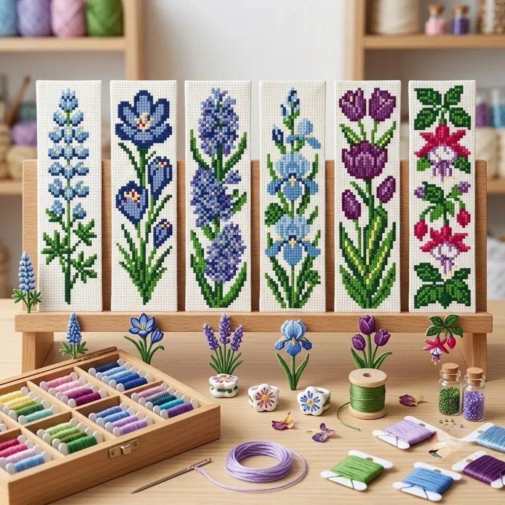 7-Piece Floral Cross Stitch Bookmark Kit, DIY Embroidery Set, Includes Fabric, Thread, Tools, Perfect for Beginners, Home Decor, Gift