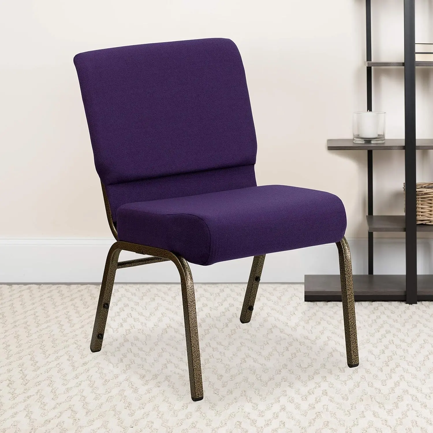 Stacking Church Chair - 21" Width, Royal Purple Fabric, Gold Vein Steel Frame, Stacking Clips for Church Table Settings