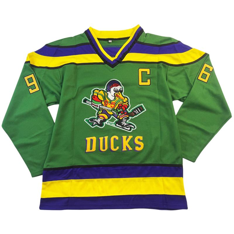 Men's Hockey Jersey Mighty Ducks #96 GRISWOLD Sewing embroidery loose V-neck sweatshirt movie jersey green big size Outdoor sportswear Classic retro Streetwear sports fan gear Long sleeved pullover shirt Halloween Christmas gift