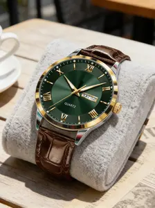 Versatile Gold Dial Roman Numeral Dual Calendar Men's Casual Leather Quartz Watch, Round Face, Alloy Case, Hardlex Glass, All Seasons