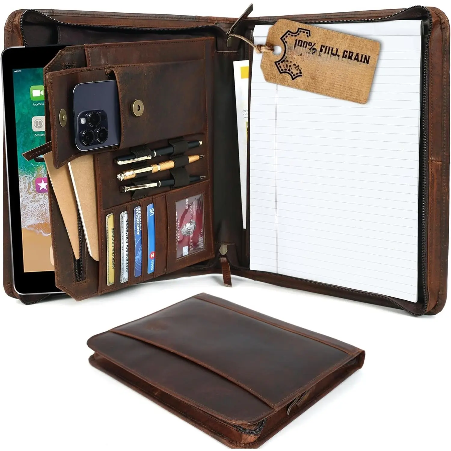 Portfolio for Men, Portfolio Organizer with Zipper for Men Women,  Padfolios Business Resume Legal Pad Notebook Binder for A4/Pad (Brown)
