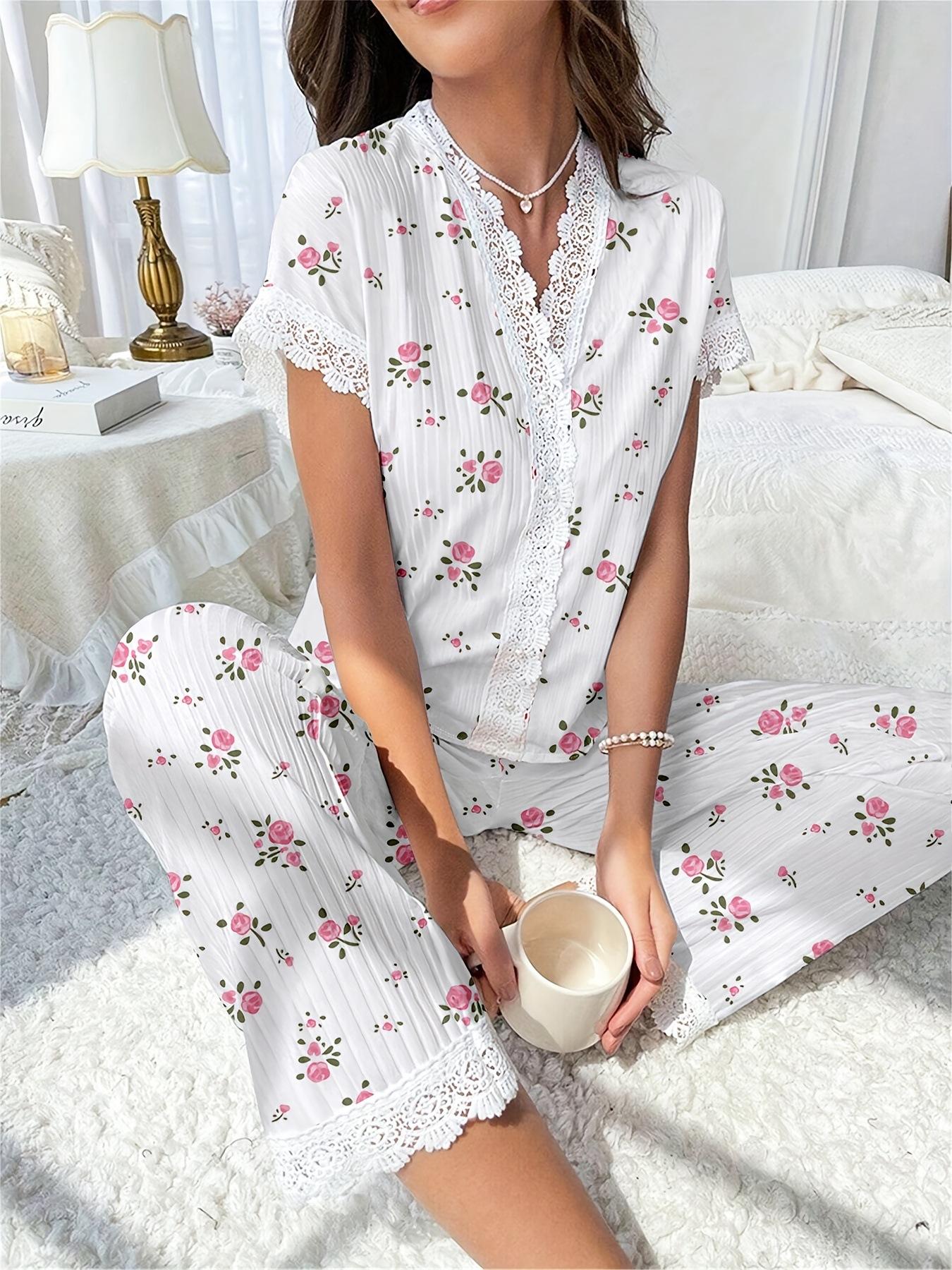 Cherry Print Short-Sleeve Collared Pajama Set for Women Oversized Style with Matching Pants