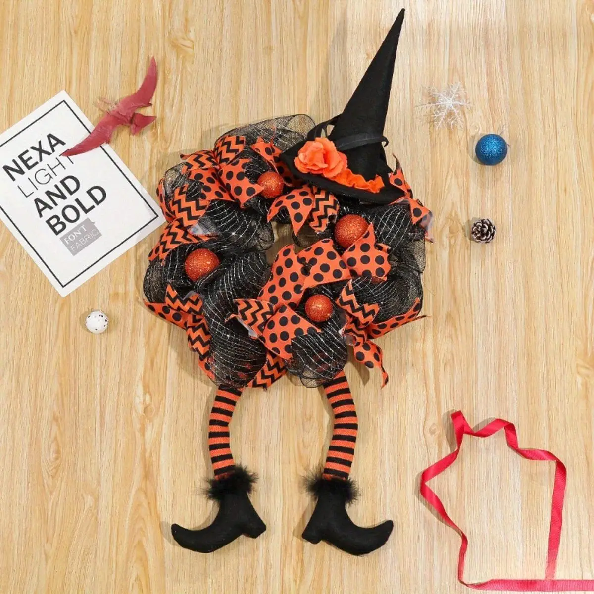 Spooky Witch Halloween Wreath with Hat and Leg Mesh Decor for Front Door Indoor Outdoor Home Decoration