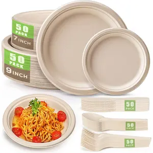 250Pcs Compostable Sugarcane Disposable Dinnerware Kit, Biodegradable Eco Friendly Paper Plates & Heavy Duty Utensils Forks Knives Spoons, Father's Day Gift for Birthday Parties, Backyard BBQ & Camping