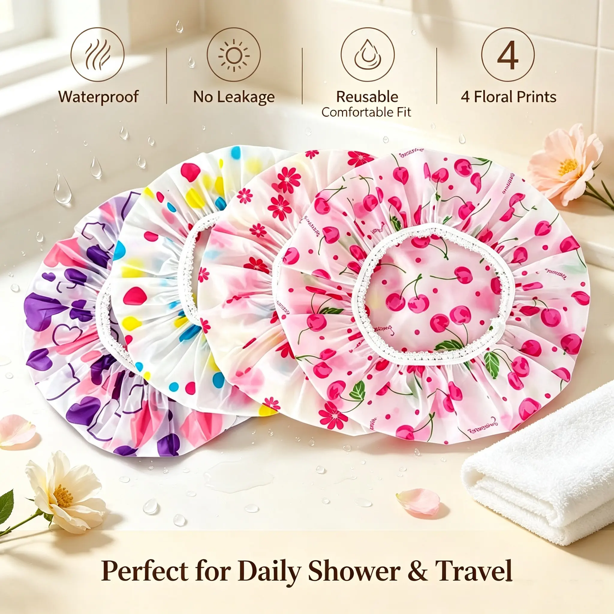 4pcs Shower Cap Waterproof Shower Cap Shower Cap, Reusable Shower Cap, Thickened Waterproof Shower Cap, Shower Cap Supplied By Spa Hair Salon, Kitchen Smoke Proof, Bathroom Accessories, Plastic Shower Caps