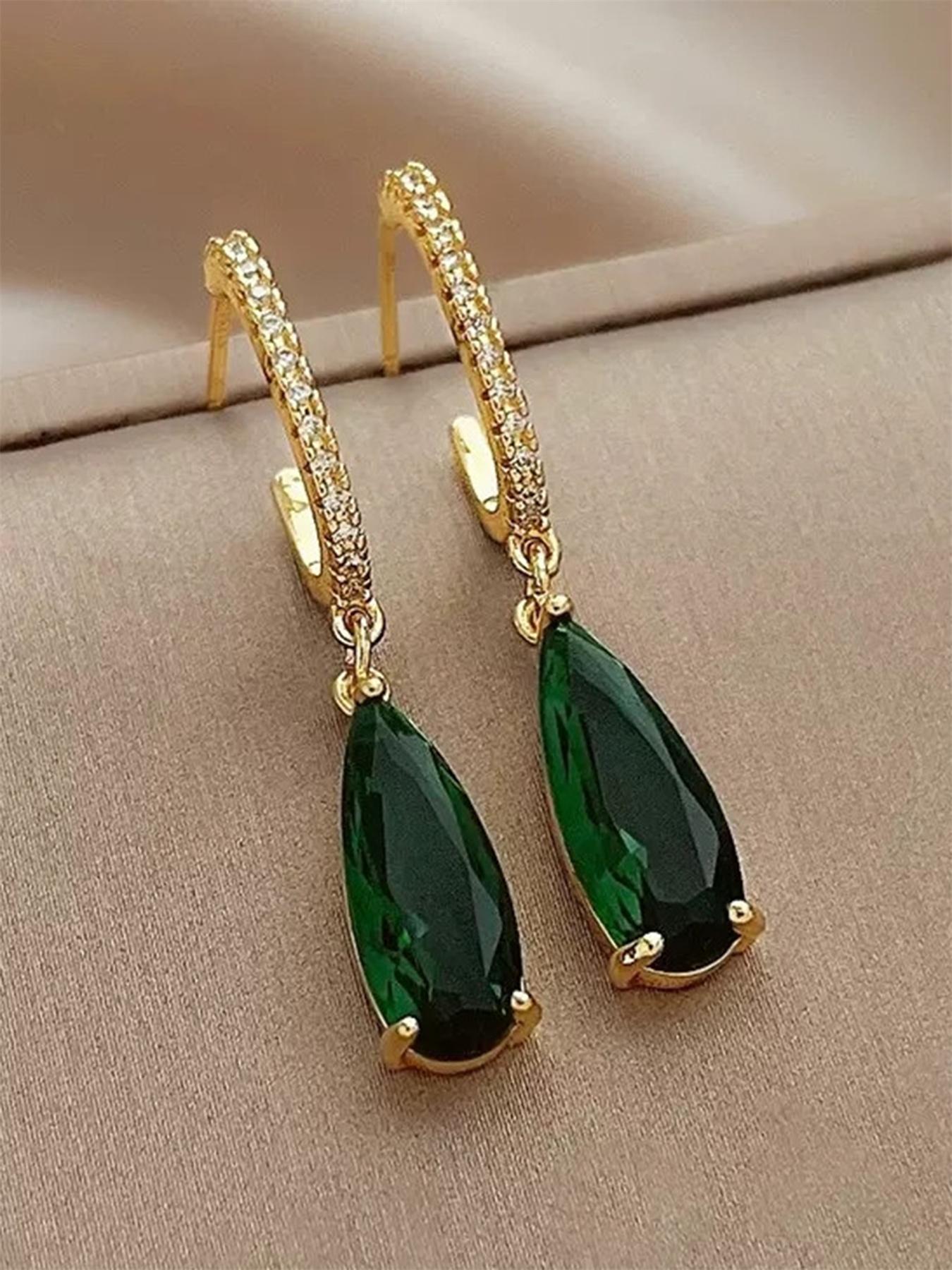 1 Pair Artificial Gemstone & Rhinestone Decor Dangle Hoop Earrings, Elegant Fashion Jewelry For Party, Daily Clothing Decor For Girl, Ladies Anniversary Birthday Jewellery Gift, Classic Style Earrings