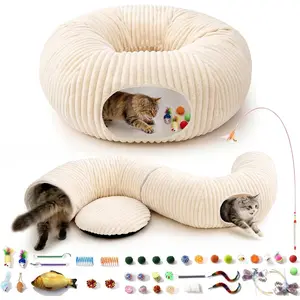 Cat Tunnel Bed with 40 Pcs Interactive Cat Toys, Cat Tube with Kitten Toys for Indoor Kittens, Collapsible Play Tunnel, White