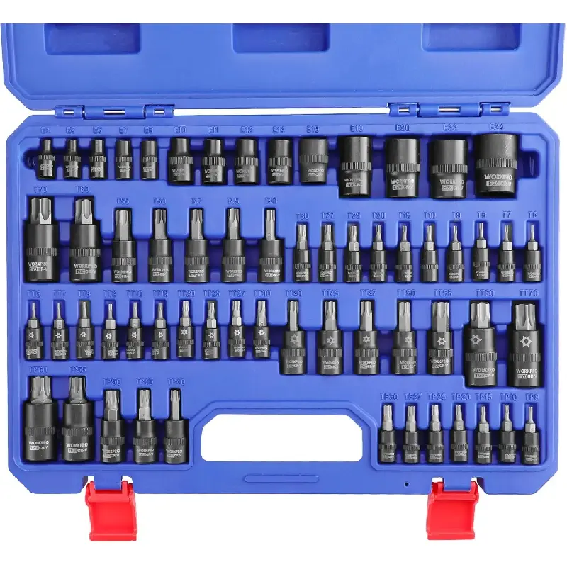 60-piece Master Torx Bit Socket and External Torx Socket Set, 1/4", 3/8", 1/2" Drive Bits, Female E Sockets E4-E24, Star Socket Bits T6-T70, TT6-TT70, TP8-TP60, CR-V & S2 Alloy Steel