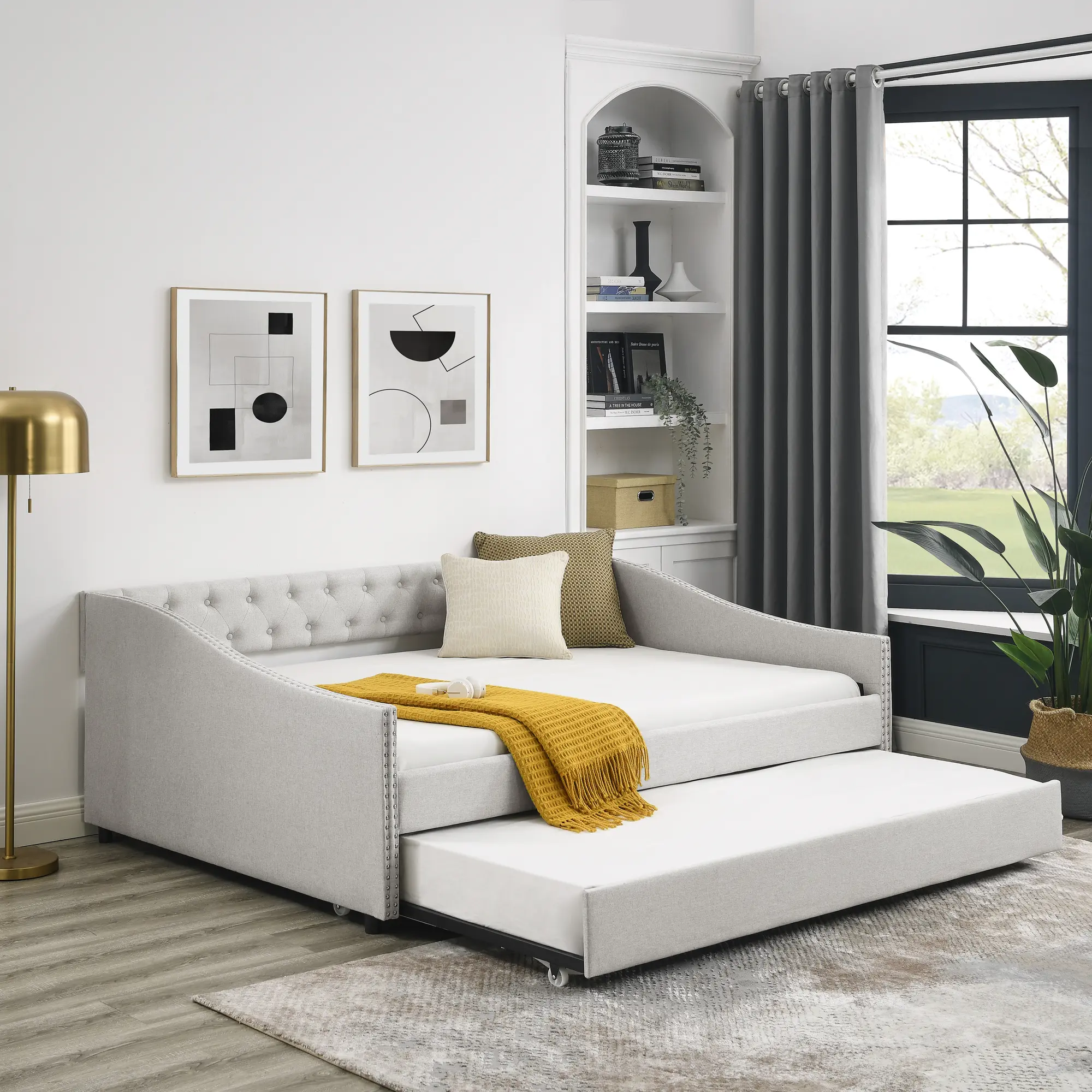 Nokaa Full Size Daybed with Twin Trundle Upholstered Tufted Sofa Bed, Button Tufted Back, Copper Nailhead Trim Waved Arms, Beige Polyester, Eucalyptus Wood & MDF Frame, Pull-Out Drawers, 500lbs Capacity, Living Room Guest Room, 80.5x55.5x27.5in
