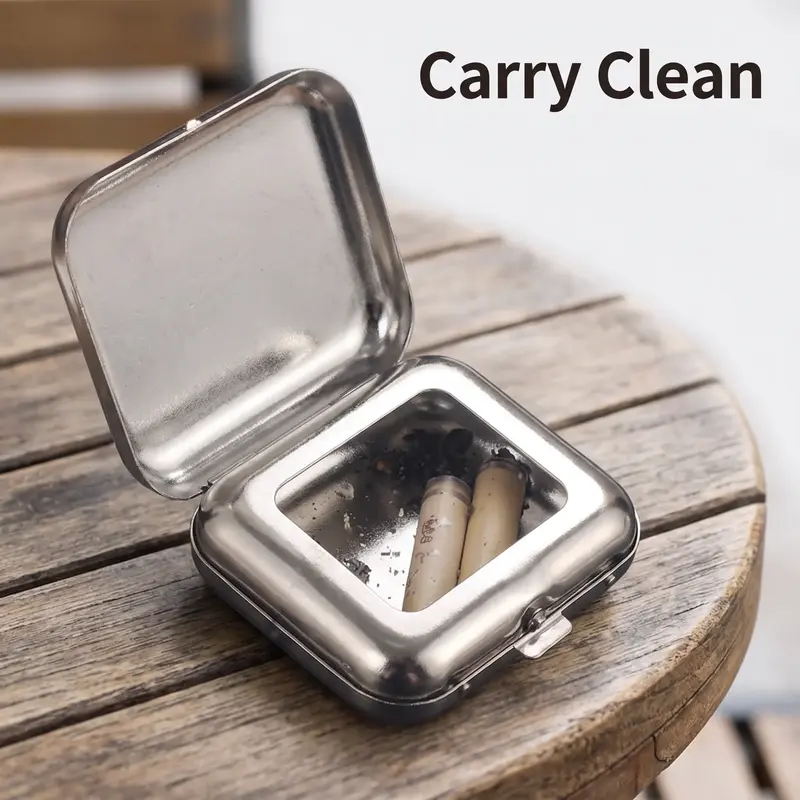 Mini Square Metal Ashtray, Portable Pocket Ashtray with Flip Lid and Folding Cigarette Holder for Cars and Outdoor Use