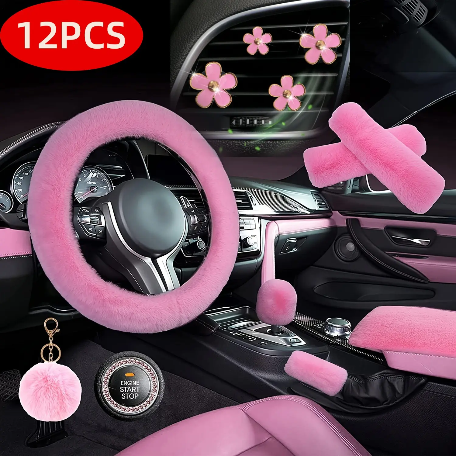 12pcs Luxury Winter Fashion Imitation Rabbit Fur Set, Soft Plush Warm Universal Car Accessories for Sedan/suv, Steering Wheel Cover, Console Pad, Seat Belt Protector, Handbrake Cover