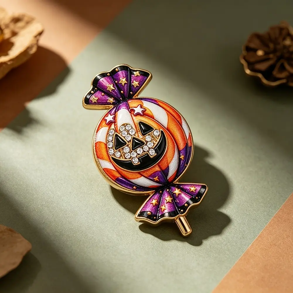 Shiny Rhinestone Halloween Jewelry, Candy Pumpkin Glass Brooch, Devil Lamp Shape, Sparkling Rhinestones, Lapel Pin, Cosplay Party Gift