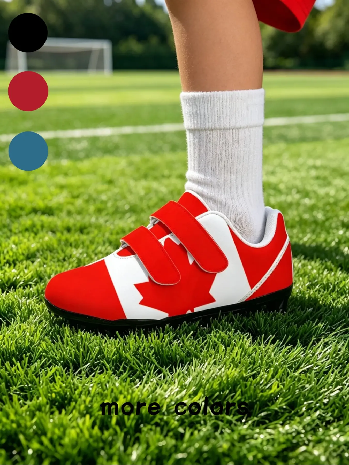 1 Pair Kids Velcro Football Cleats With  Maple Leaf Flag Red White Color Scheme, Patriotic National Team Trend Sports Style, Non-slip Red Stud Sole & Wear-resistant Upper, Soccer Shoes For Boys And Girls Grass Training & Competitions