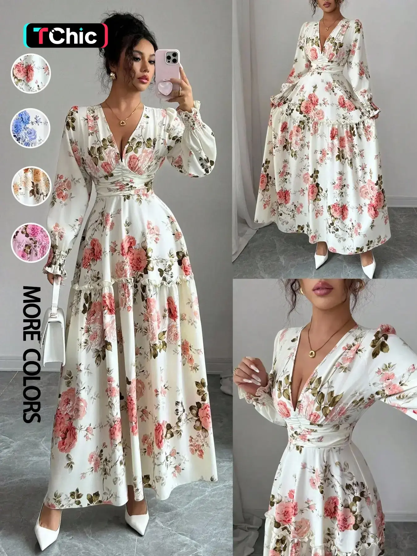 Women's French Style Ruched Cuffs Ruffled Long Sleeve Lantern Sleeves Slimming Floral Print Maxi Dress, Casual Wear for Spring