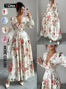 Women's Floral Print Dress, French Romantic Design, Ruched Cuffs, Lantern Sleeves, Slimming Waist, Long Maxi Dress for Spring & Fall, Casual Dress