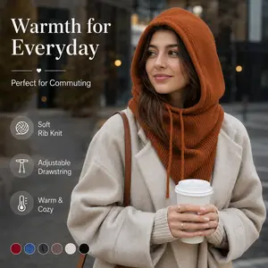 Knitted Hooded Scarf Rib Knit Adjustable Drawstring Warm Cozy Head Neck Ear Protection Soft Balaclava Winter Daily Wear Special Occasion Perfect Gift Women Girls Versatile Fashion Accessory Trendy Stylish Multiple Colors