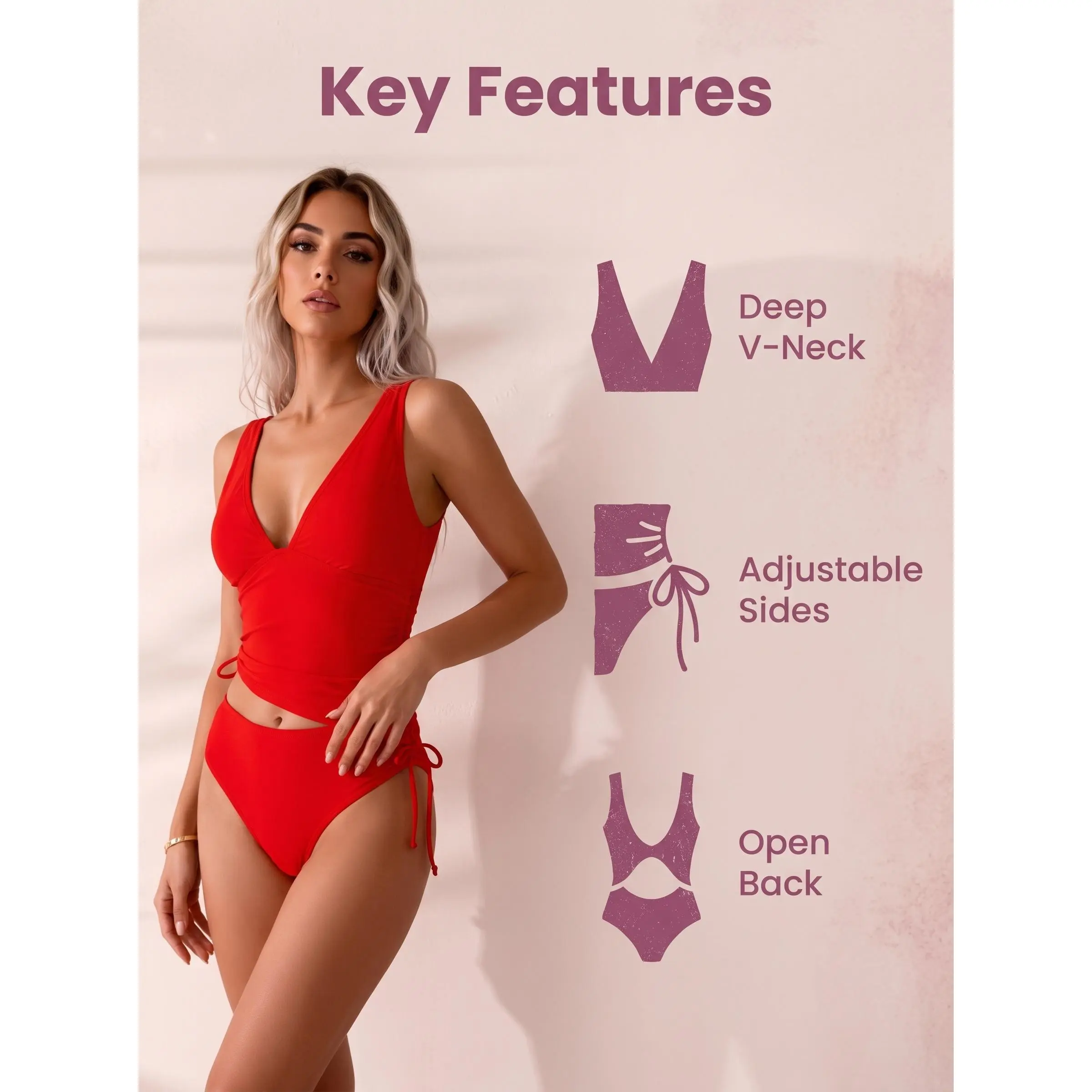 Women's Red 2-Piece Deep V Backless Drawstring Split Swimsuit - Tummy Control, High Cut, Premium Stretch Slim Fit Tankini for Beach, Tropical Vacation Summer Outfit