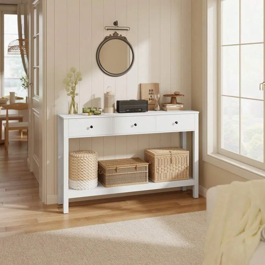Sofa Table With Drawers, Modern Accent Console Table With Open Shelf, Large Storage Space, Living Room, Front Hall, Entrance Hall, Study Room, White