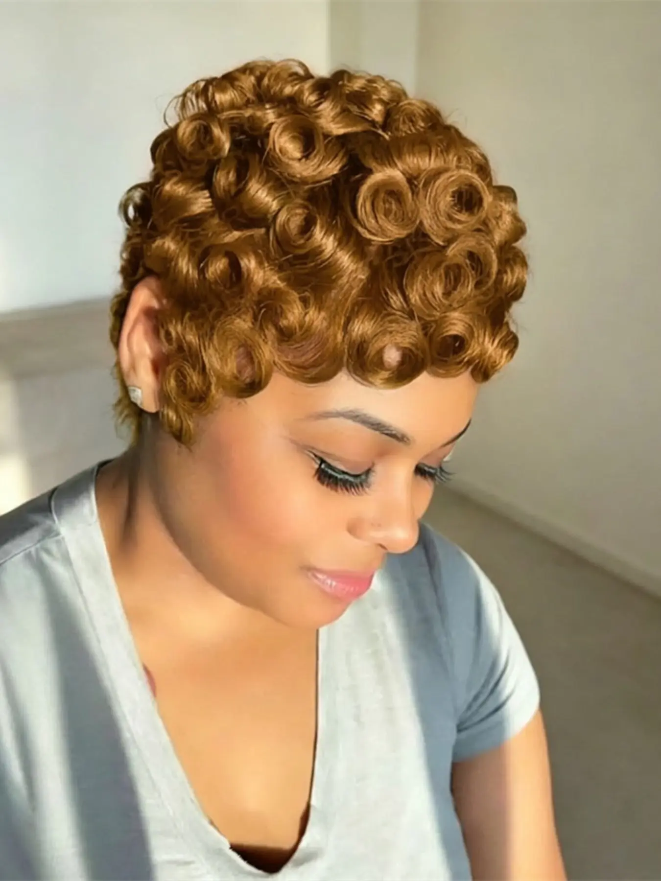Pixie Cut Burgundy Short Curly Human Hair Wig, Machine Made Daily Party Use, Stylish Gift Wig for Women, Fluffy Curly Wig