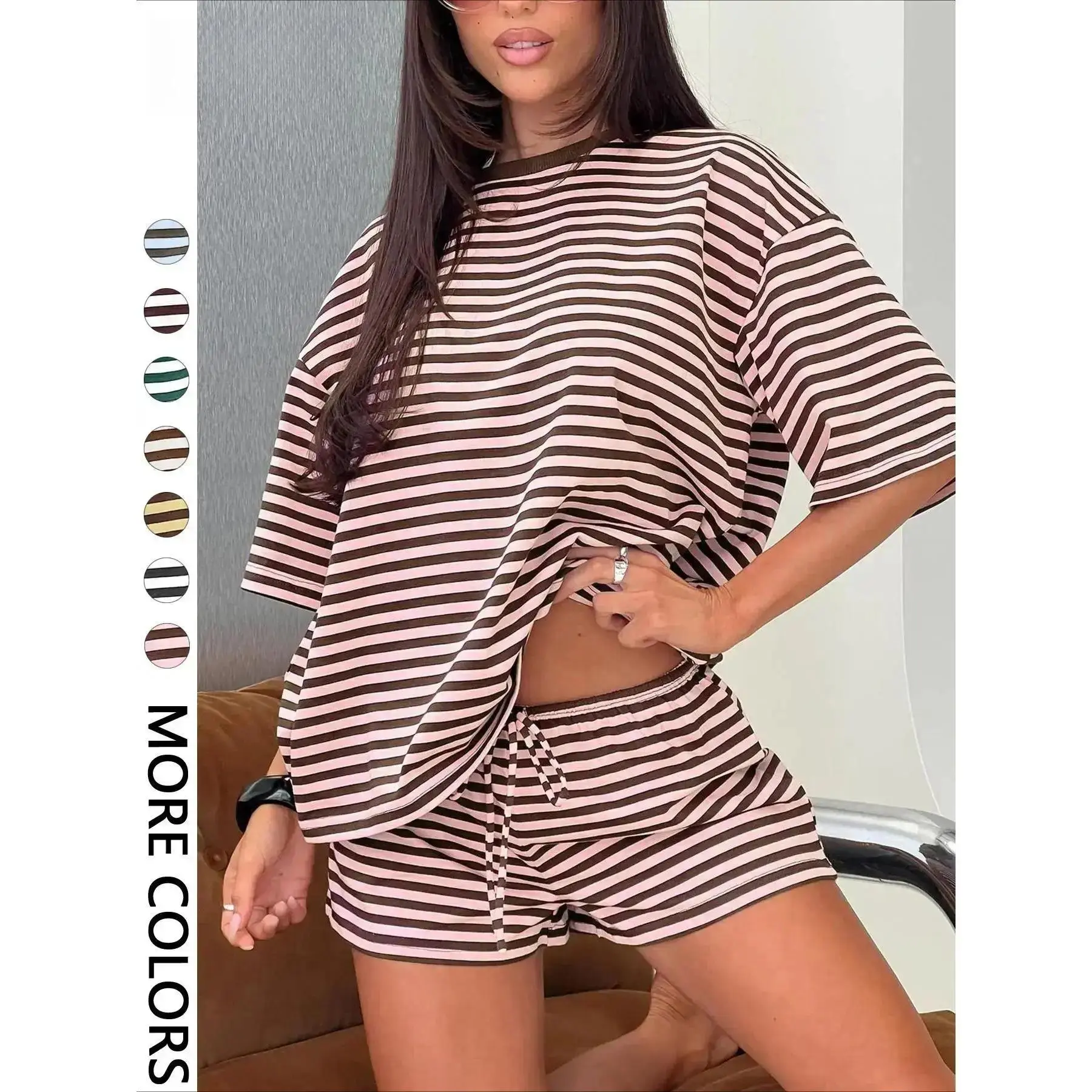 Women Striped Print Two Piece Lounge Set, Oversized Short Sleeve T-Shirt & Drawstring Shorts, Soft Knit Y2K Clean Girl Matching Outfit, Spring Summer Daily Home Vacation Casual Clothes