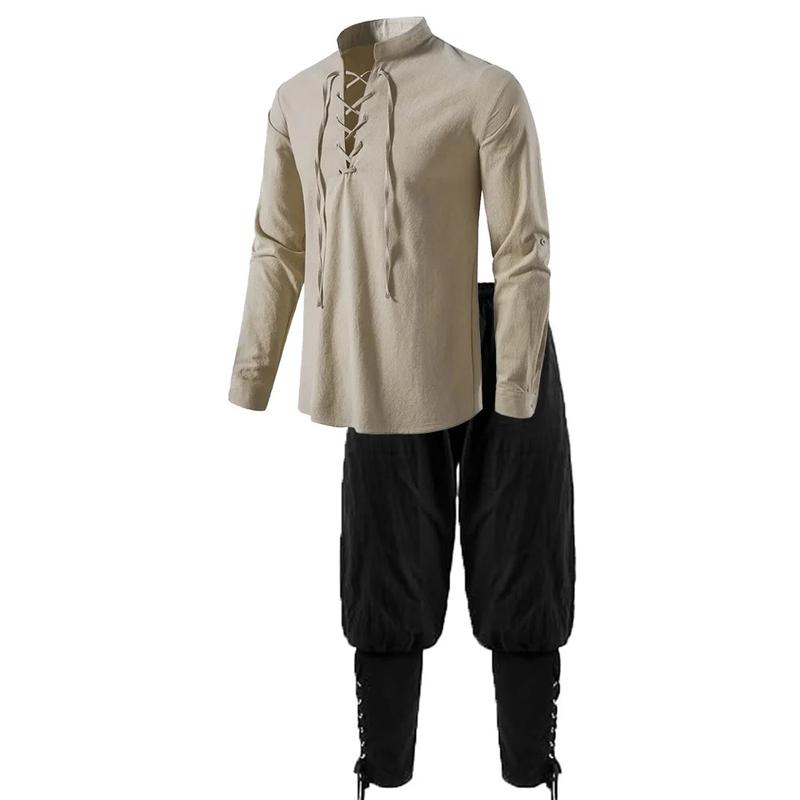 2PcsMen'sMedievalKnightCostumeSetRenaissanceCosplayPirateShirtsAnkleBandedPantsForHalloweenCottonLinenFabricMenswearClothesHoodieCasualGamisBeigePlainWhiteBrown