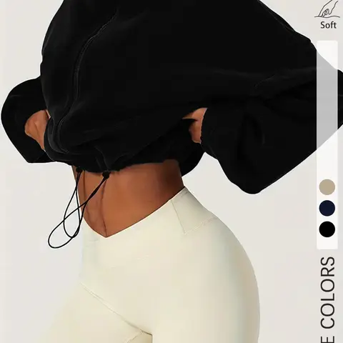 Women's Solid Drawstring Zip Up Crop Hooded Jacket, Casual Long Sleeve Mock Neck Fuzzy Outerwear for Spring & Fall, Ladies Clothes for Daily Wear, Casual Hooded Top
