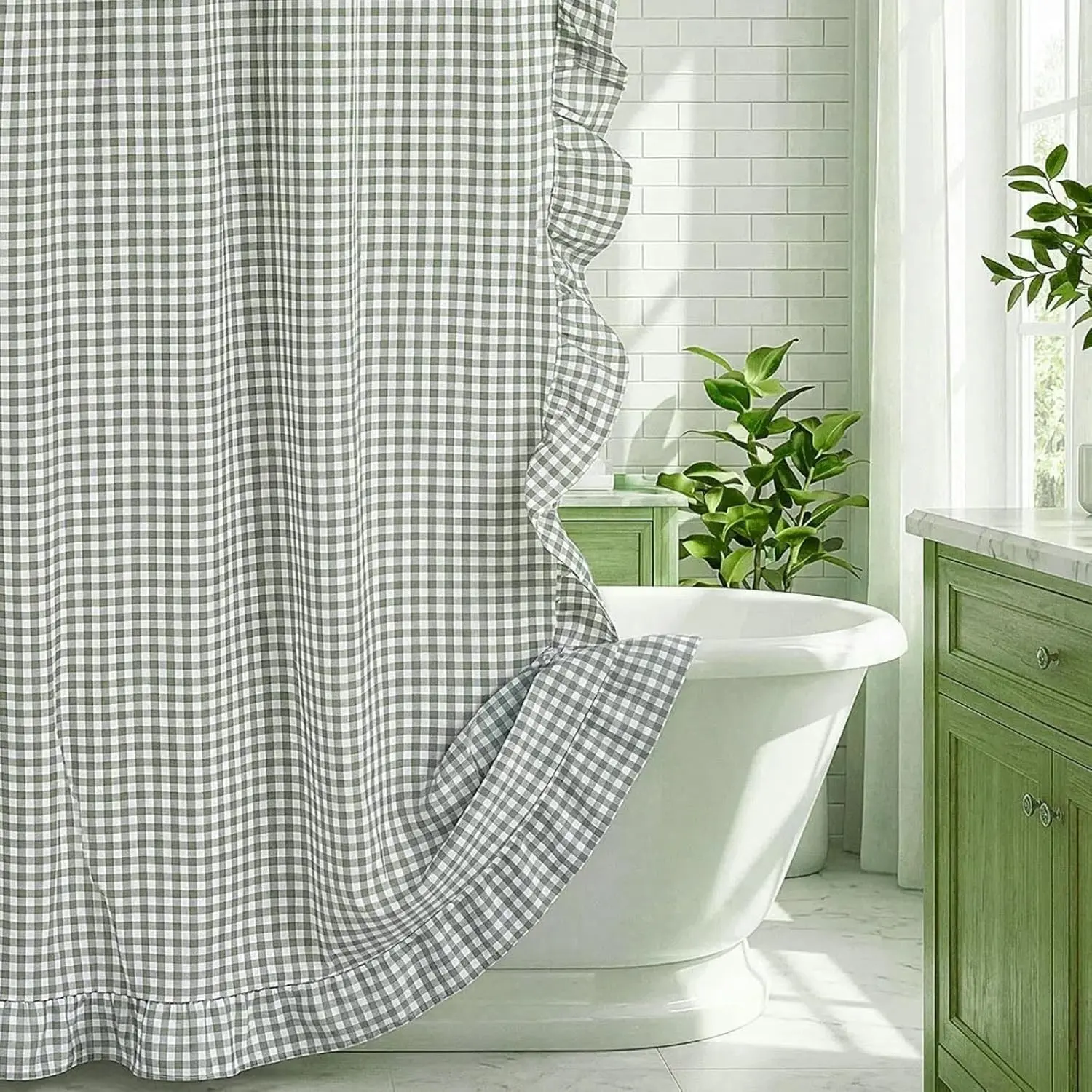 Ruffled Gingham Shower Curtain Sage Green | 72'' x 72'' Vintage Farmhouse Cotton Cottage Core Rural Checkered Plaid Fall Shower Curtain with 12 Hooks for Bathroom Decor