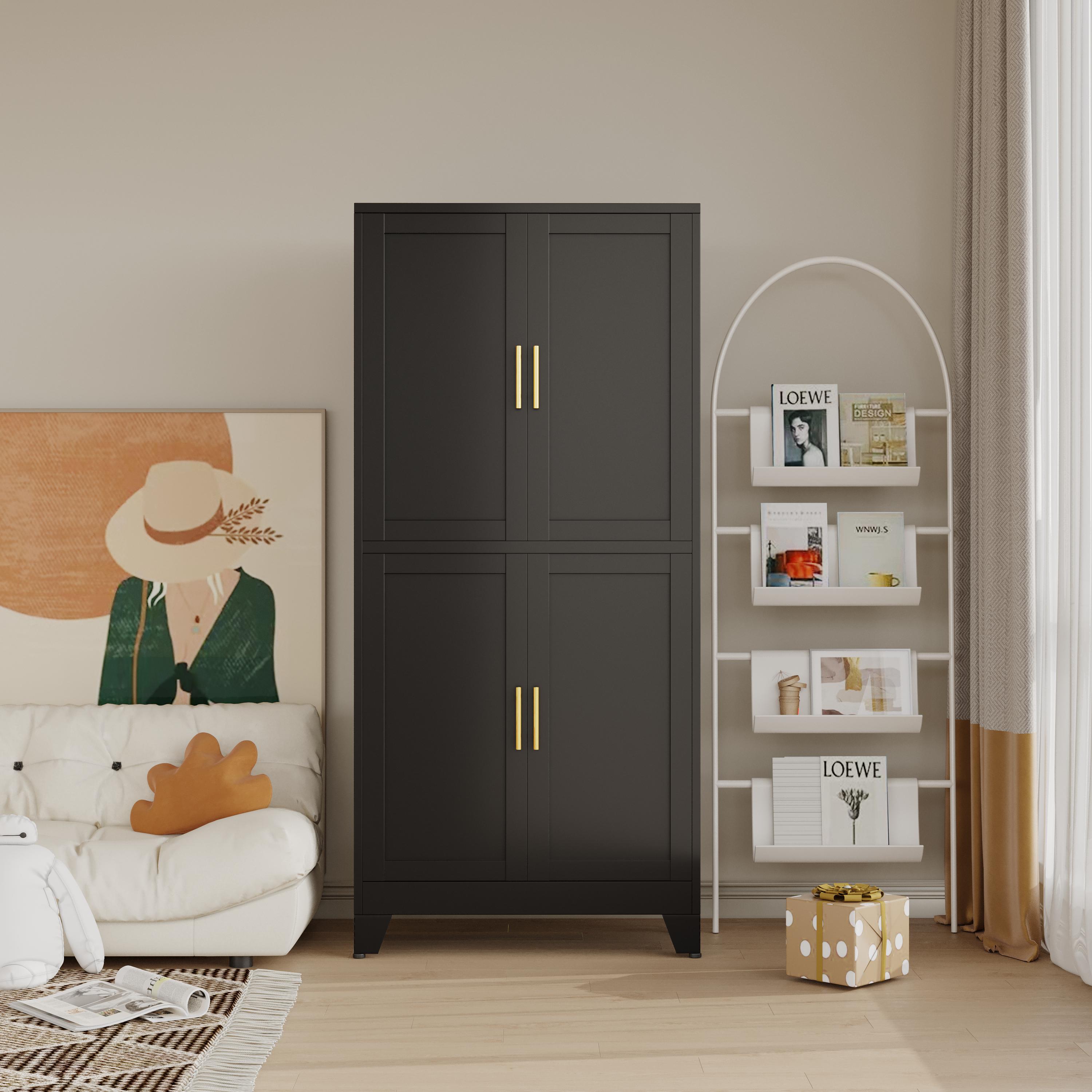 Kitchen Pantry Cabinet 47" Tall Metal Storage with Doors & Adjustable Shelves Black Freestanding Organizer for Kitchen Dining Room Living Room Laundry Room Minimalist Drawer Tower
