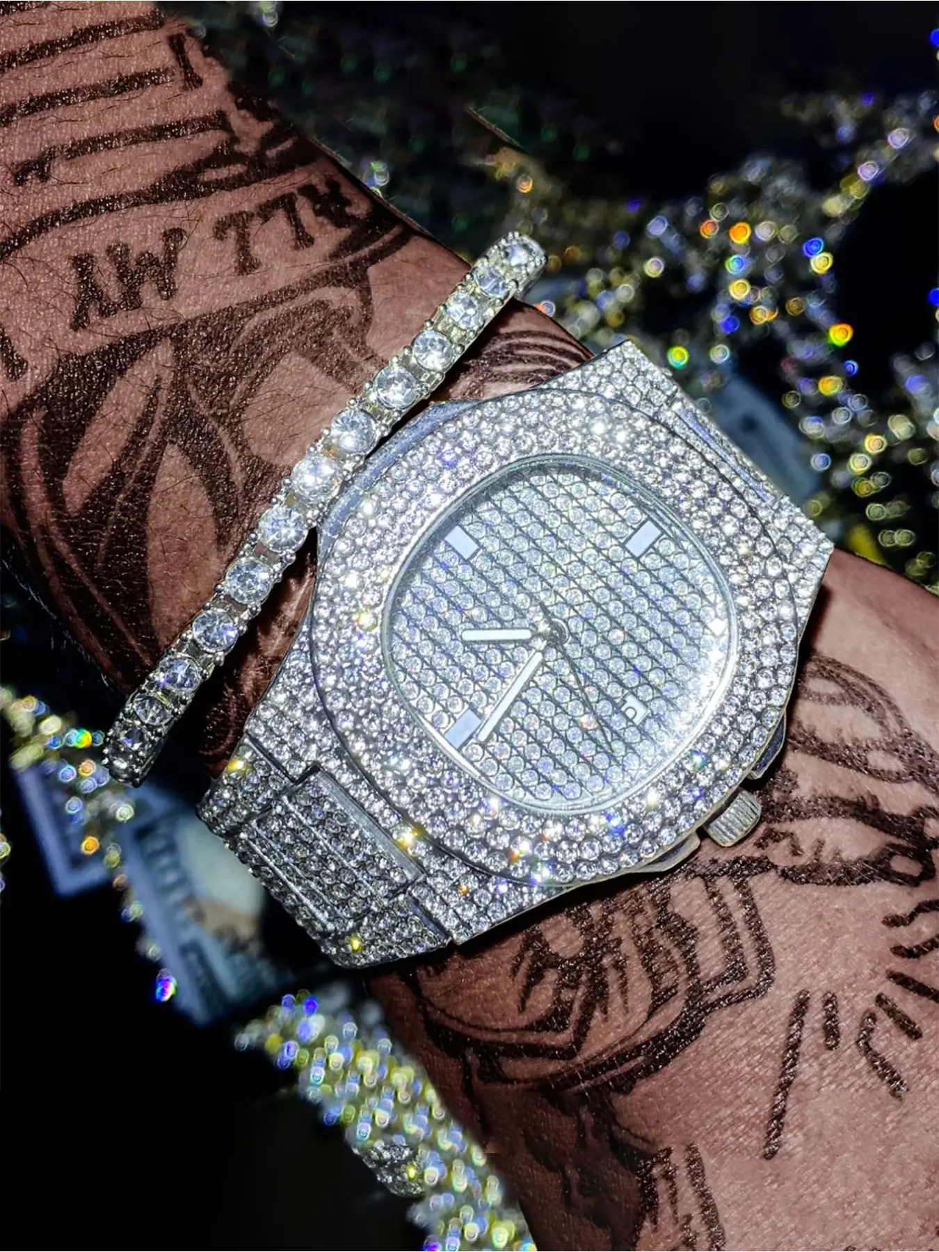 2pcs Fashion Men's Watch Set with Starry Sky Diamond-encrusted Steel Strap, Quartz Analog Watch