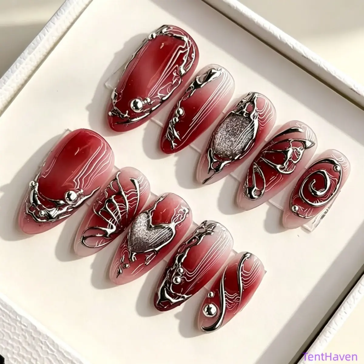 24PCS Medium Size Almond Shape Full Coverage 3D Silver Liquid Metal Molten Chrome Burgundy Press-On False Nails - Artificial Nails for Gothic Look, Back to School